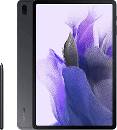 Ein schwarzes Tablet mit einem violetten, abstrakten Display und einem Stylus-Stift daneben.