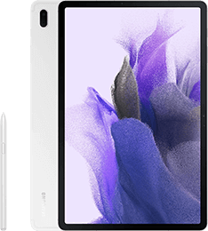 Ein weißes Tablet mit abstraktem lila-schwarzem Muster auf dem Bildschirm, das zusammen mit einem weißen Stift gezeigt wird.