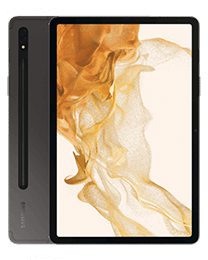 Ein Tablet mit einem goldenen abstrakten Hintergrundbild, das sowohl von vorne als auch von hinten vor einem hellen Hintergrund gezeigt wird.