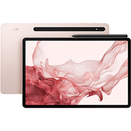 Ein rosafarbenes Tablet mit einem Stift, das von vorne und hinten gezeigt wird und ein rosafarbenes abstraktes Design auf dem Bildschirm zeigt.