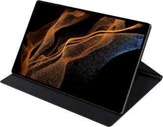 Ein Tablet mit schwarzem Gehäuse, auf dessen Bildschirm ein abstraktes orange-blaues Muster abgebildet ist.