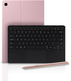 Rosa Tablette mit passendem Stift, schwarzer Tastatur und rosa Hülle auf weißem Hintergrund.