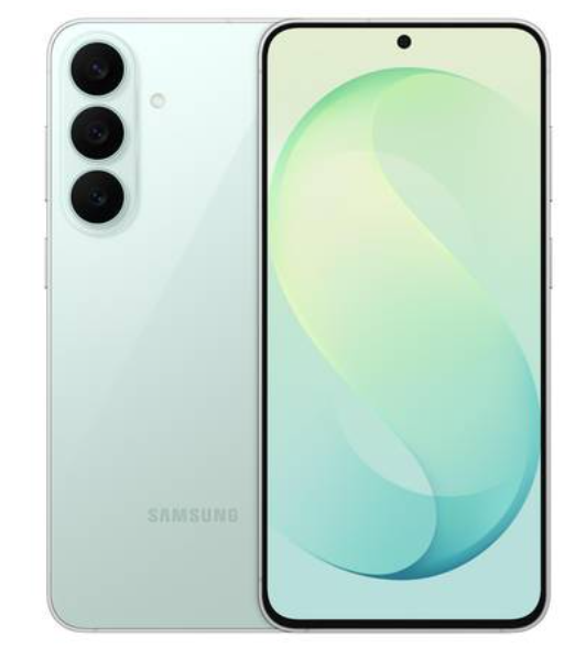 Ein weißes Samsung-Smartphone wird von hinten und von vorne gezeigt. Auf der Rückseite sind drei Kameras vertikal angeordnet, während auf der Vorderseite ein Bildschirm mit einem pastellgrünen, abstrakten Hintergrundbild zu sehen ist.
