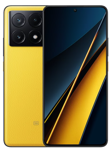 Ein gelbes Smartphone mit drei rückwärtigen Kameras und einem Bildschirm mit einem schwarz-gelben abstrakten Design.