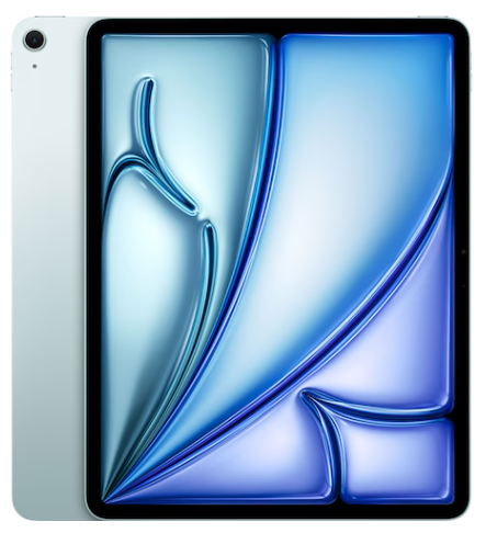 Ein silbernes Tablet mit einem blauen abstrakten Muster auf dem Bildschirm, von vorne und hinten betrachtet.
