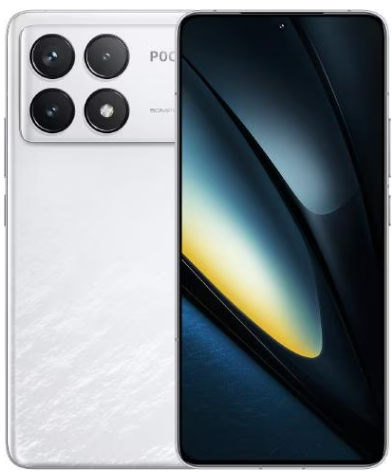 Ein weißes Smartphone mit drei rückwärtigen Kameras und einem großen Display, das abstrakte Hintergrundbilder zeigt.