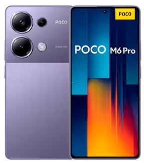 Lila POCO M6 Pro Smartphone zeigt seine Rückseite mit Dual-Kameras und Front-Display mit bunten Hintergrundbild.