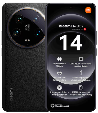 Xiaomi 14 Ultra Smartphone mit großem rückwärtigen Kameramodul und Display, das die Produktmerkmale zeigt.