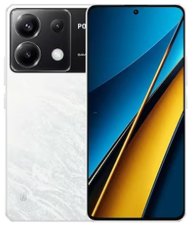 Weißes Smartphone mit großen Dreifachkameras auf der Rückseite und einem leuchtenden Display mit blauen und gelben diagonalen Formen.
