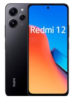 Ein schwarzes Redmi 12-Smartphone, das von vorne und von hinten gezeigt wird, wobei das Display Redmi 12 anzeigt.