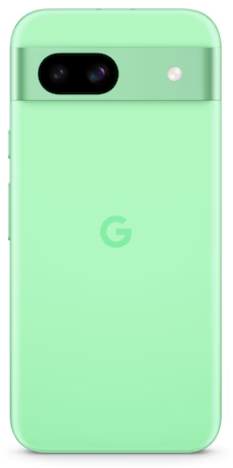 Ein mintgrünes Smartphone mit einer horizontalen Kameraleiste und dem Google-Logo auf der Rückseite.