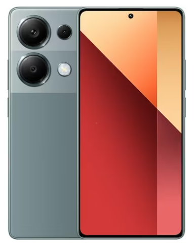 Ein modernes Smartphone mit einem großen Display und einer dreifachen Rückkamera in einem rechteckigen Modul.