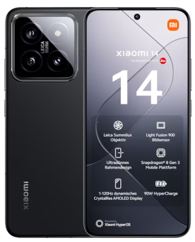 Vorder- und Rückansicht eines schwarzen Xiaomi 14 Smartphones mit einer dreifachen Rückkamera und einem Display.
