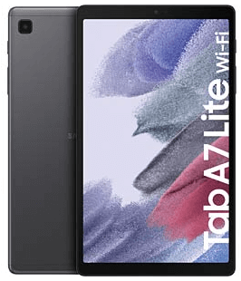 Vorderansicht eines Samsung Galaxy Tab A7 Lite Wi-Fi-Tablets mit abstraktem Hintergrundbild auf dem Bildschirm.