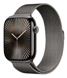 Eine moderne Smartwatch mit einem dunklen Metallarmband aus Mesh und einem schwarz-goldenen Zifferblatt mit Radialmuster.