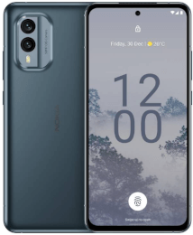 Ein modernes Smartphone mit dem Startbildschirm, der neben der Kamera auf der Rückseite angezeigt wird.