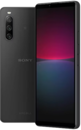 Schwarzes Sony-Smartphone, das auf der Vorderseite ein farbiges Display und auf der Rückseite drei Kameralinsen zeigt.