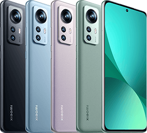 Vier Xiaomi-Smartphones in den Farben Schwarz, Blau, Pink und Grün, dargestellt von der Vorder- und Rückseite.