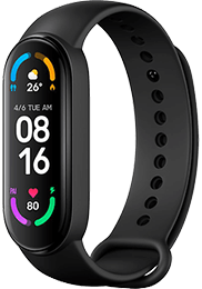 Schwarzer Fitness-Tracker mit Anzeige von Uhrzeit, Datum, Wetter, Herzfrequenz, Schritten und bunten Aktivitätssymbolen.