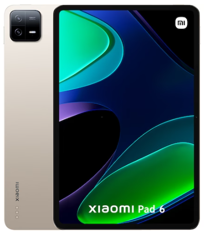 Vorder- und Rückansicht eines Xiaomi Pad 6 Tablets mit einem bunten Bildschirm und silbernem Gehäuse.