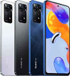 Drei Redmi-Smartphones in Weiß, Schwarz und Blau, dargestellt von hinten und vorne mit eingeschaltetem Display.
