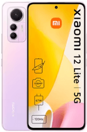 Lila Xiaomi 12 Lite 5G Smartphone mit Display und Kamera auf dem Bildschirm.