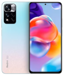 Ein Smartphone mit einem Farbverlauf auf der Rückseite und vier Kameras auf der Rückseite, auf dessen Bildschirm ein buntes Hintergrundbild angezeigt wird.