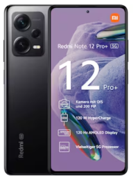 Xiaomi Redmi Note 12 Pro+ 5G-Smartphone auf der Vorder- und Rückseite, mit Anzeige der Bildschirmfunktionen.