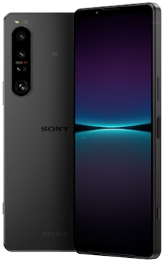 Ein schwarzes Sony Xperia Smartphone, das von vorne und hinten auf einem weißen Hintergrund gezeigt wird.