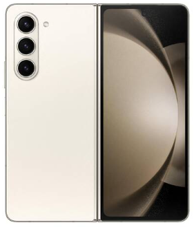 Ein faltbares, teilweise geöffnetes Smartphone, das drei rückwärtige Kameras und ein großes Innendisplay mit abstraktem Hintergrundbild zeigt.