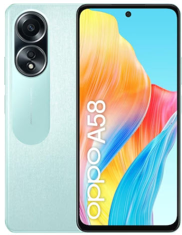 Vorder- und Rückansicht eines Oppo A58 Smartphones mit farbenfrohem Display und zwei rückseitigen Kameras.