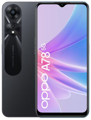 Oppo A78 5G Smartphone mit Front-Display und Dual-Kamera-Design auf der Rückseite in schwarzer Farbe.