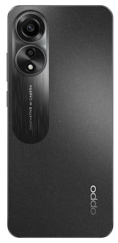 Rückansicht eines schwarzen Oppo-Smartphones mit zwei rückseitigen Kameras und dem Oppo-Logo unten rechts.