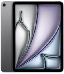 Ein elegantes Tablet mit abstraktem, farbenfrohem Bildschirmdesign, das an einem größeren Tablet mit leerem Bildschirm lehnt.