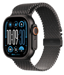 Smartwatch mit schwarzem Metallband, die Zeit, Wetter und Aktivitätsstatistiken auf dem Display anzeigt.