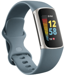 Blauer Fitness-Tracker mit Touchscreen zur Anzeige von Datum, Uhrzeit, Herzfrequenz und Aktivitätsstatistiken.