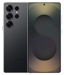 Ein schwarzes Samsung-Smartphone, das den vorderen Bildschirm und die hinteren Kameras zeigt.