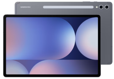 Ein Samsung-Tablet, das von vorne und hinten gezeigt wird und einen bunten, abstrakten Bildschirm zeigt.
