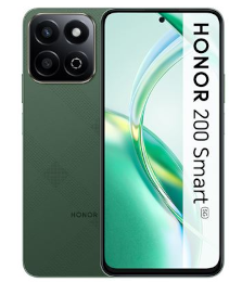 Das grüne HONOR 200 Smart 5G-Smartphone wird von vorne und hinten gezeigt, wobei der Bildschirm und das Kameramodul zu sehen sind.