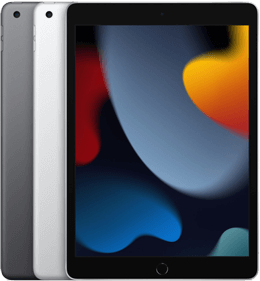 Drei Apple iPads, dargestellt von der Vorder- und Rückseite, mit einem bunten abstrakten Hintergrundbild auf dem Bildschirm.