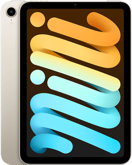 Tablet mit bunten orangefarbenen und blauen abstrakten Wirbeln auf dem Bildschirm. Beige Rückseite und schwarze Vorderseite.
