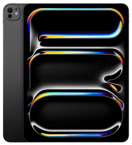 Ein schwarzes Tablet mit einem bunten, abstrakten 3-Motiv auf dem Bildschirm, von vorne und hinten betrachtet.