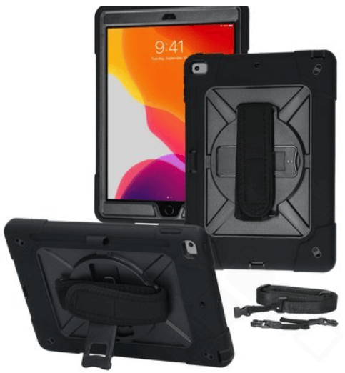 Es werden drei robuste schwarze Tablet-Taschen gezeigt, die jeweils mit einer integrierten Handschlaufe und einem Kickstand ausgestattet sind.
