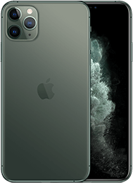 Dunkelgrünes iPhone mit Vorder- und Rückseite, dreifacher Kameraeinstellung und Apple-Logo.