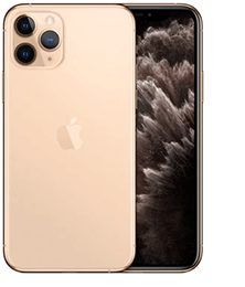 Das goldene iPhone 11 Pro zeigt das Display auf der Vorderseite und die Dreifach-Kamera auf der Rückseite.