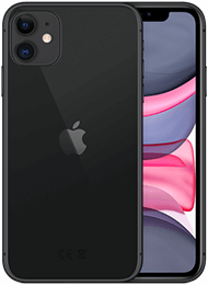 Das schwarze iPhone 11 zeigt die Rückseite mit den Dual-Kameras und dem Apple-Logo, die Vorderseite ist teilweise sichtbar.