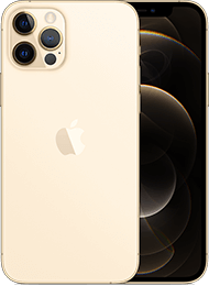 Goldenes iPhone mit drei rückwärtigen Kameras, Apple-Logo und schwarzem Bildschirm, der teilweise hinter der Rückansicht sichtbar ist.
