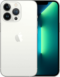 Ein silbernes iPhone, das sowohl den vorderen Bildschirm als auch die Rückseite mit drei Kameralinsen und einem Apple-Logo zeigt.