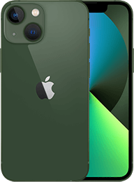 Vorder- und Rückansicht eines grünen iPhones mit zwei Kameras und Apple-Logo.