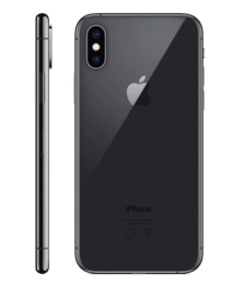 Rück- und Seitenansicht eines schwarzen iPhones mit zwei rückwärtigen Kameras und dem sichtbaren Apple-Logo.